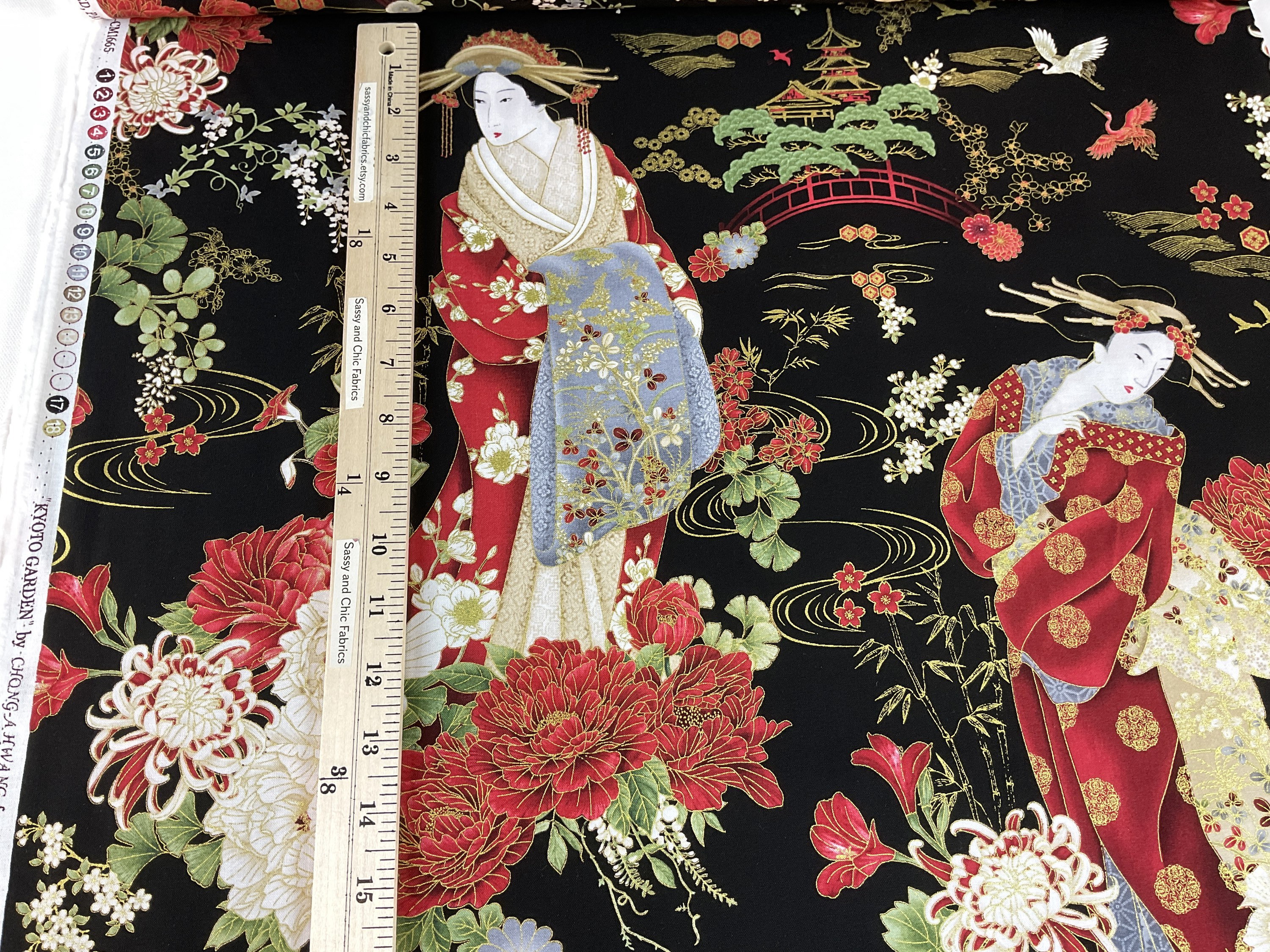 Japanese Geishas Black Cotton With Metallic Fabric ~ Kyoto