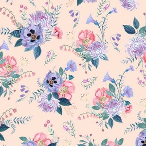 May include: A repeating floral pattern in watercolour style. The design features bouquets of blue, purple, and pink flowers with green leaves on a pale peach backdrop. The flowers have detailed petals and are arranged in a repeating pattern.