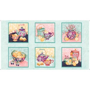 May include: A fabric panel featuring six square illustrations of tea sets with floral patterns. Each scene includes a teapot, teacup, and lemons, with a pastel color palette of pink, yellow, and blue. The overall theme is vintage tea party.