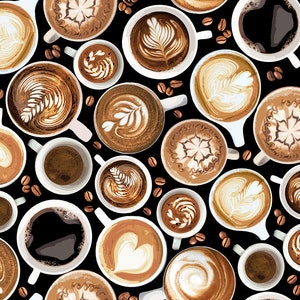 May include: A pattern of coffee cups with various latte art designs, including hearts, leaves, and swirls, on a black background. Coffee beans are scattered around the cups. The cups are white with a variety of coffee drinks.