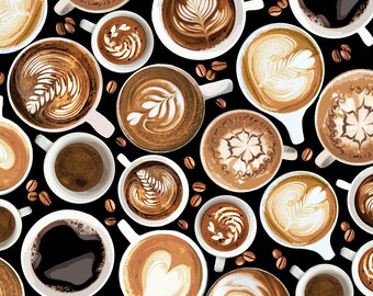 Coffee Cups on a Black Background, 100% Quilting Cotton Fabric  ~ from Timeless Treasures Fabrics