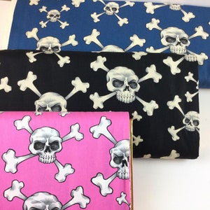 Skull and Bones 3 Colors: Pink/ Black/ Dk Blue Fabrics ~ Nicole's Prints Collection from Alexander Henry, 100% Cotton