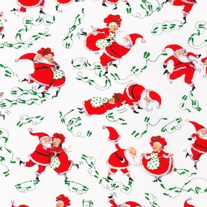 May include: A repeating pattern featuring Santa Claus and Mrs. Claus in various dancing poses. The figures are dressed in traditional red and white outfits, with green dotted aprons and hats. Green footprints trail behind them on a white background.