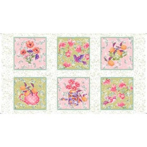 May include: A fabric panel featuring six square designs with floral and fruit motifs. Each square has a different arrangement of flowers, birds, and lemons in shades of pink, green, and orange, set against a patterned background.