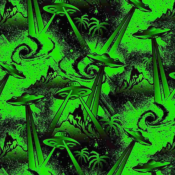 Space Invasion Green Fabric ~ Aliens Invasion, from Timeless Treasures Fabric, 100% Cotton