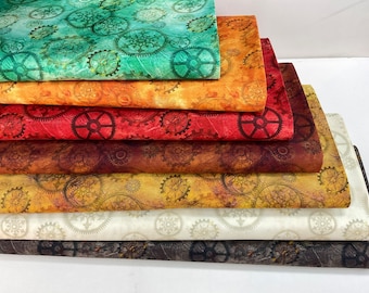 Gears Cotton Fabric 7 Colors: Aqua/Orange/Red/Brown/ Gold/Cream/Smoke  ~ Aquatic Steampunkery Collection QT Fabrics