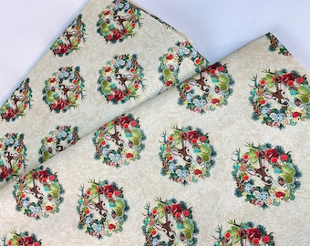 Joyful Wreaths Cream Cotton Fabric ~ Christmas Magic Collection by Kelly Rae Roberts for Benartex Fabrics