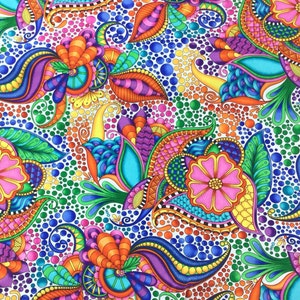 May include: A brightly coloured fabric with a repeating pattern of stylised flowers, leaves, and abstract shapes. The design incorporates pink, orange, purple, blue, and green, set against a white background with small, colourful dots.