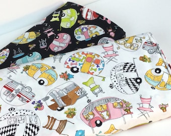 Holiday Trailer Toss 2 Colors: White or Black, 100% Quilting Cotton ~ Vintage Holiday Campers Collection by Loralie Designs Fabric