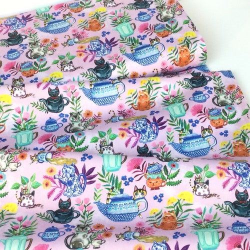 Sew Mischievous Cat Tea Party Continuous Yardage by Dear Etsy