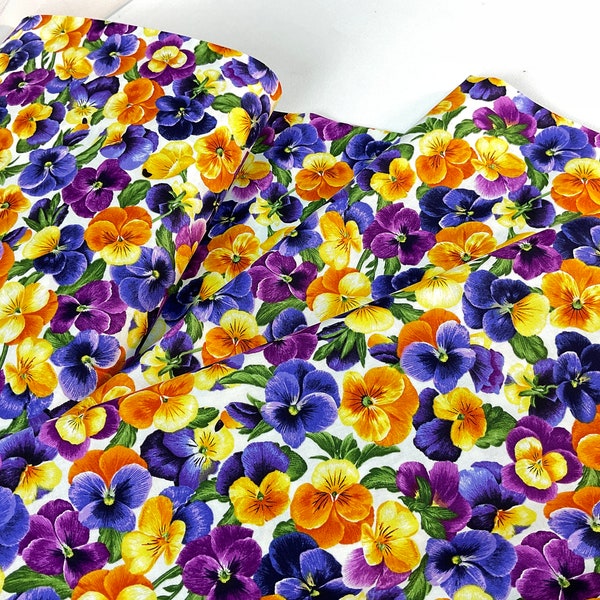 Flowerhouse Pansies Natural Fabric, 100% Quilting Cotton ~ Flowerhouse Brightly So by Debbie Beaves for Robert Kaufman