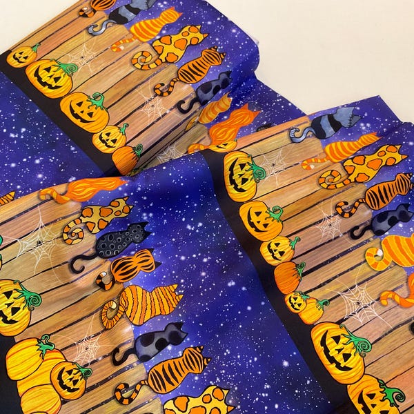 Spooky Cats on the Fence, 11" Stripe, 100% Cotton Fabric ~ Feline Spooky Collection from Nick Gustafson for Timeless Treasures Fabrics
