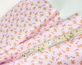 Gingerbread and Candy Canes on Pink Background, 100% Quilting Cotton Fabric ~ Gingerbread Dreams Collection from Timeless Treasures Fabrics