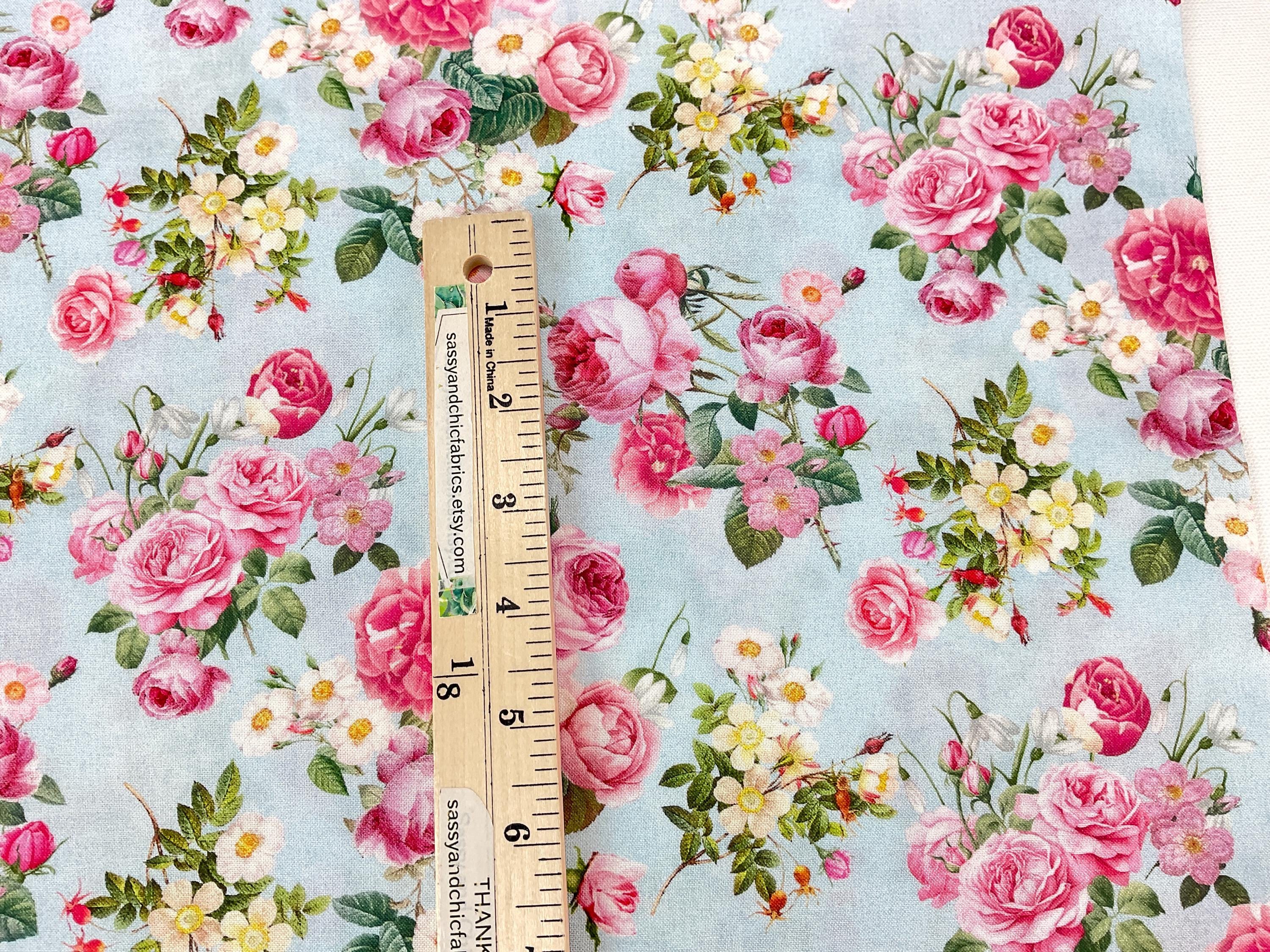 Floral Bouquets Blue Background, 100% Digital Cotton Fabric ~ Belle ...