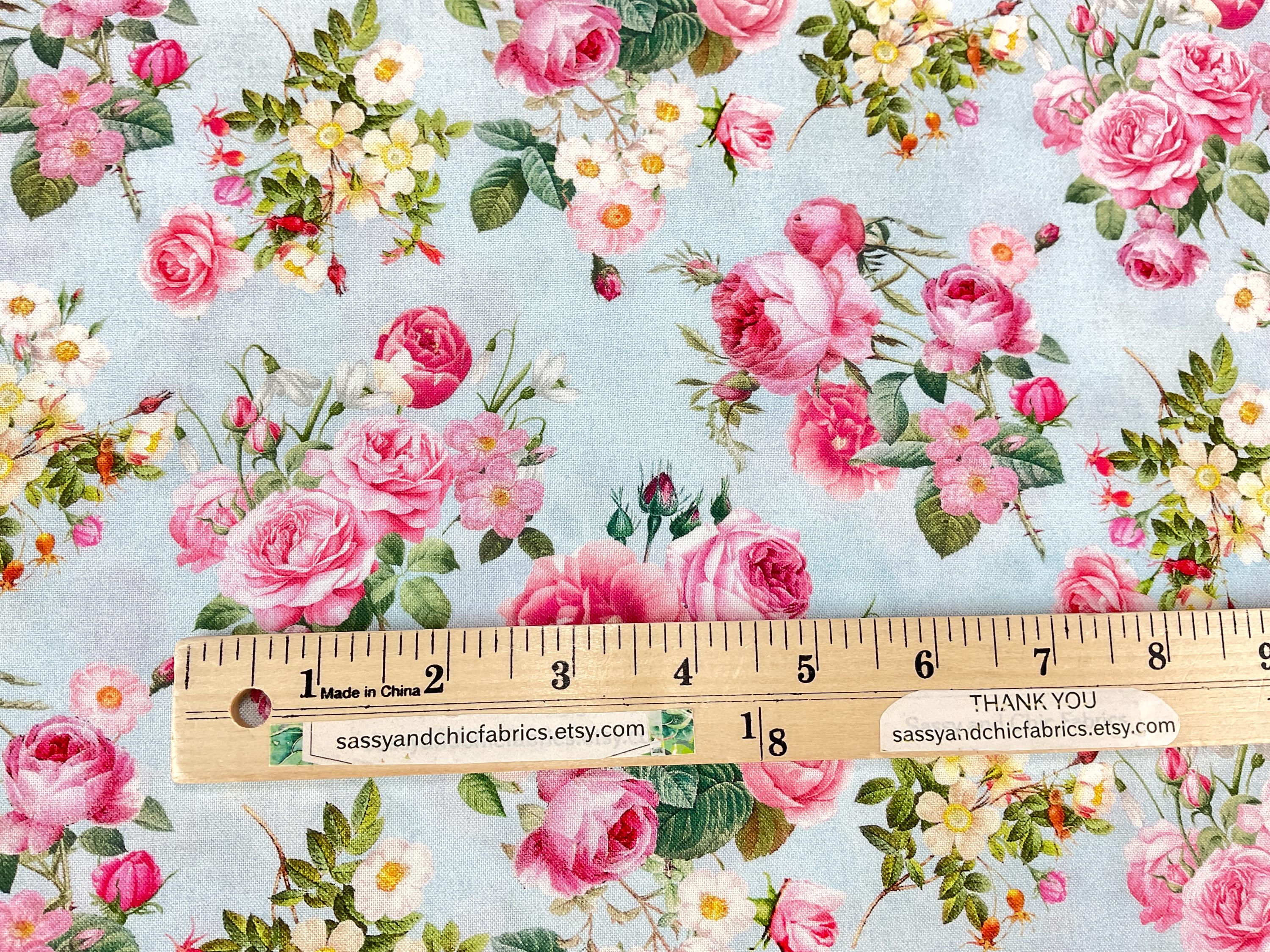 Floral Bouquets Blue Background, 100% Digital Cotton Fabric ~ Belle ...