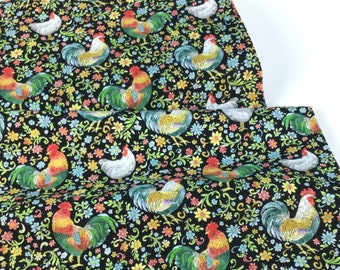 Roaming Rooster Black Fabric ~ by Helen Vladykina for Robert Kaufman, 100% Quilting Cotton Fabric