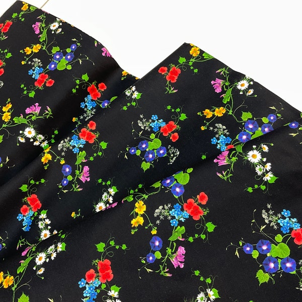 Small Colorful Bright Florals Black Fabric ~ Floral Forest Collection by Chong-A Wang for Timeless Treasures Fabrics, 100% Cotton