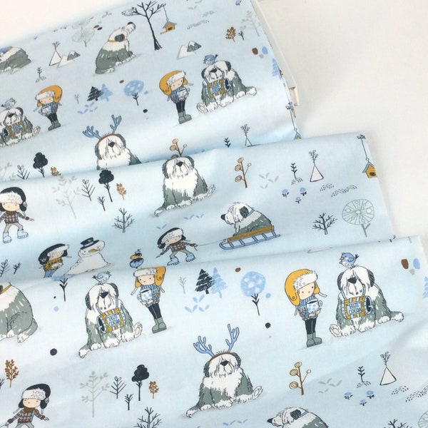 Sled Dog Blue Fabric ~ Winter Days by Lisa Glanz for Michael Miller, 100% Quilting Cotton