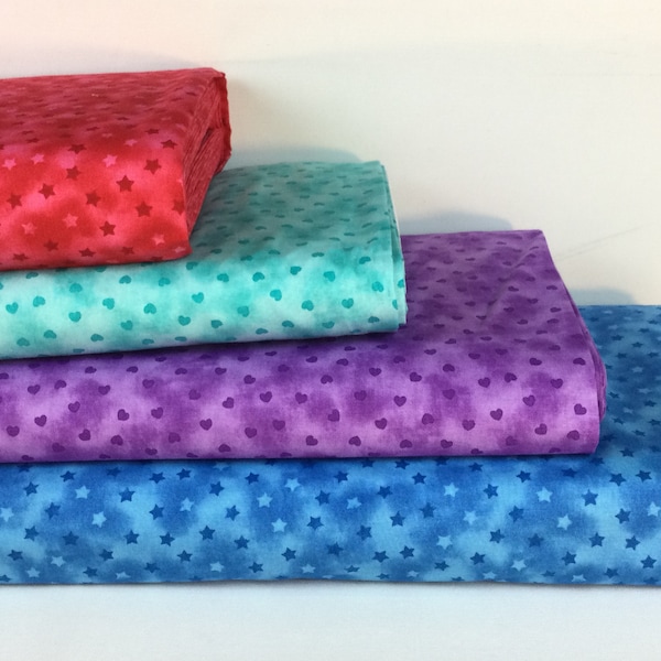 Tonal Stars or Hearts Red/ Turquoise/ Purple/ Blue Fabrics ~ Party Line Collection from Blank Quilting Fabrics, 100% Quilting Cotton