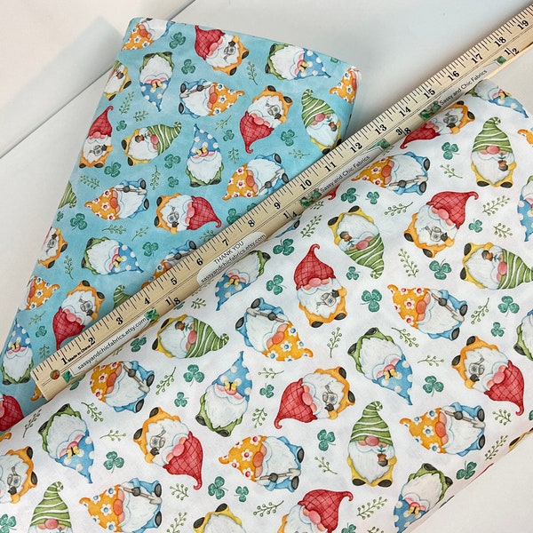 Gnome Gardeners White or Blue 100% Quilting Cotton Fabric ~Better Gnomes and Gardens Collection from Michael Miller Fabrics