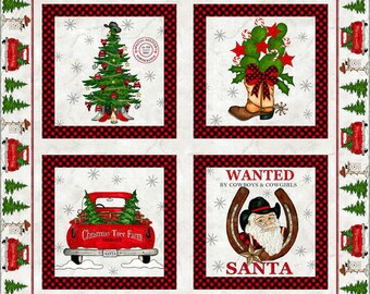 Blank Quilting Giddy Up Santa Red Truck On Plaid fabric last piece 32 inches