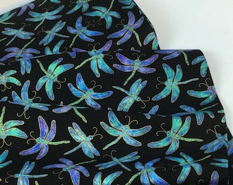 Iridescent Dragonfly Black Fabric ~ Dancing Dragonflies Collection, enhanced with Metallic Gold, Timeless Treasures,100% cotton