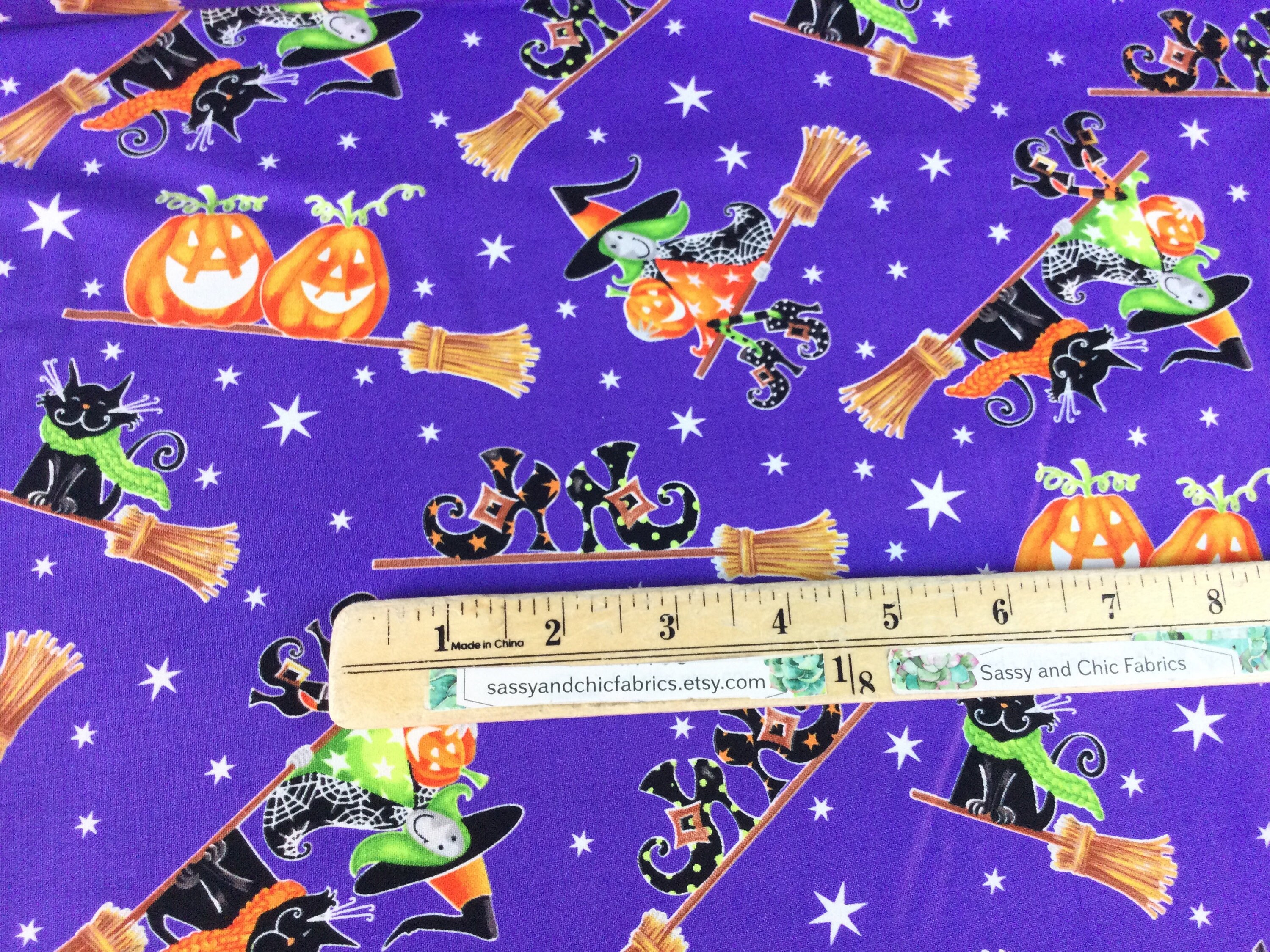 Henry Glass & Co: Here We Glow Purple Flying Witches Glow in the Dark Fabric  By Delphine Cubitt (9536G-53) — Quilted Angel