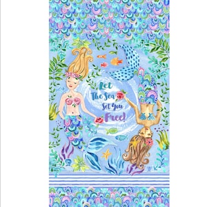May include: Watercolor illustration featuring two mermaids with flowing hair and floral accents, surrounded by aquatic plants and fish. The text "Let The Sea Set You Free" is displayed. The color palette includes blues, greens, and pinks.