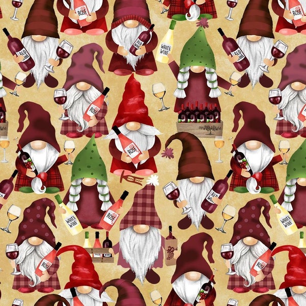 Wine Gnomes Chardonnay Fabric ~ Uncork and Unwind Collection from Timeless Treasures Fabrics, 100% Digital Print Cotton