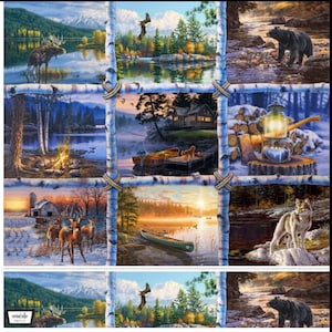 May include: A patchwork of scenic landscape paintings featuring wildlife and nature scenes. The images include a moose by a lake, a bear in a forest, a wolf, a cabin, and a canoe. The artwork is framed by a birch-like grid.