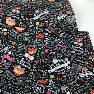 Knitting Sheep Words Black Fabric ~ Knitting Goddess Collection by Gail Cadden for Timeless Treasures, 100% Cotton Quilting Fabric