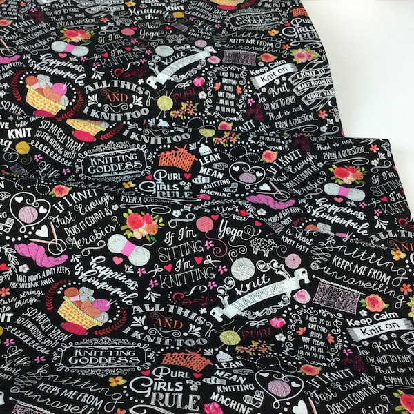 Knitting Sheep Words Black Fabric ~ Knitting Goddess Collection by Gail Cadden for Timeless Treasures, 100% Cotton Quilting Fabric