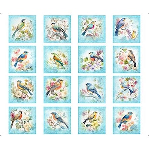 May include: A collection of sixteen square images, each featuring a different watercolor painting of a bird. The birds are perched on branches amidst floral arrangements, set against a light blue background.