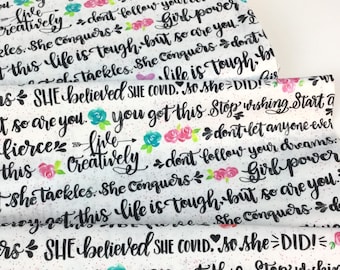 Girl Power Words, Black Script on White Background, 100% Cotton Fabric ~ Girl Power 2 Collection from Robert Kaufman Collection