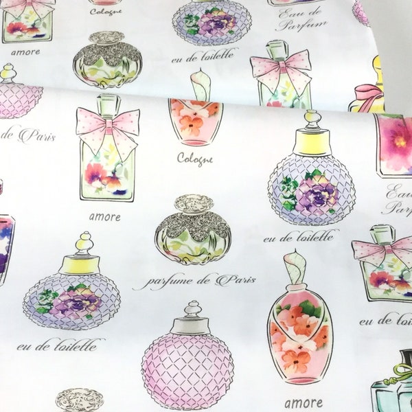 Amour De Fleur Perfume Bottles White Fabric ~ from Ink & Arrow for Quilting Treasures, Cotton Fabric