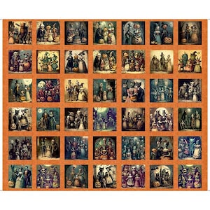 May include: A Halloween-themed fabric panel featuring numerous small squares, each depicting a spooky scene with costumed figures, pumpkins, and eerie backgrounds. The overall color scheme is orange and dark, creating a festive and slightly ominous atmosphere.
