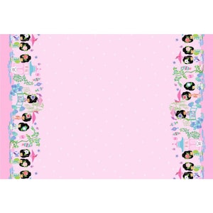 May include: Pink fabric with a repeating pattern of Asian-inspired figures, pagodas, and floral elements along the edges. The background is a solid pink with small white polka dots. The design is symmetrical.