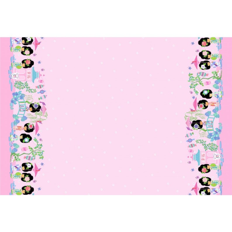May include: Pink fabric with a repeating pattern of Asian-inspired figures, pagodas, and floral elements along the edges. The background is a solid pink with small white polka dots. The design is symmetrical.