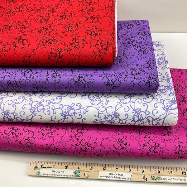 Elegant Scroll 4 Colors: Pink /Red/Purple/Lilac 100% Quilting Fabric ~ Church Ladies Collection by Loralie Harris, Loralie Designs