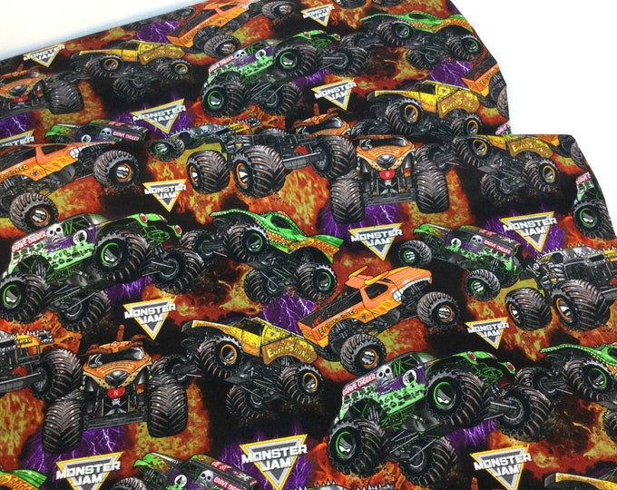 Monster Jam Packed Monster Trucks Black Fabric by Sykel Enterprises