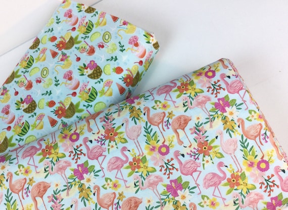 Tropical Flamingoes and Cocktails Aqua Fabrics ~ Forever Summer Collection by Olivia Gibbs, Timeless Treasures 100% Quilting Cotton
