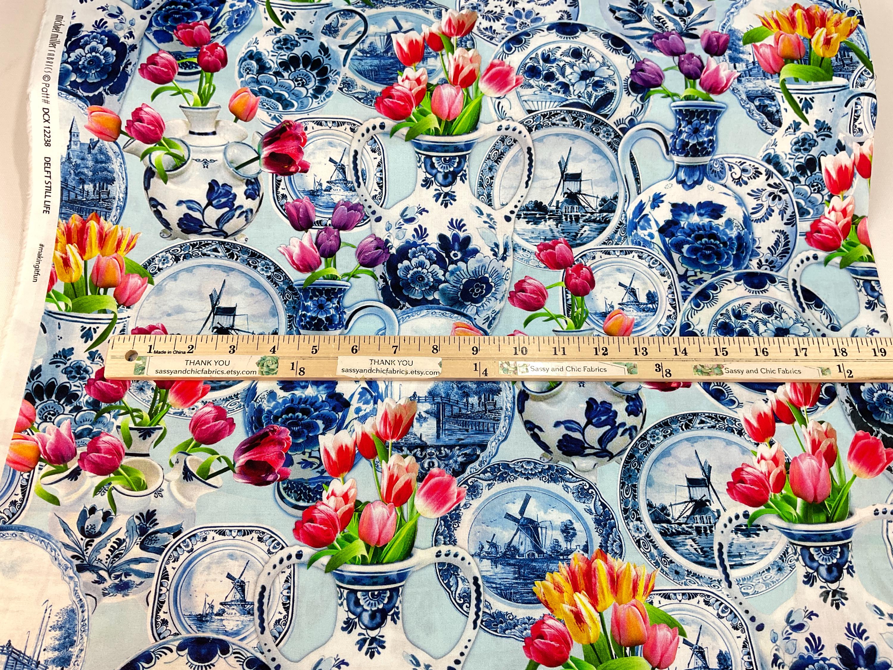 Delft Still Life 2 Colors: Sky or Royal Background, 100% Cotton Fabric ...