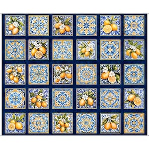 May include: A fabric panel featuring a repeating pattern of square tiles. Each tile showcases a lemon branch with white blossoms and a half-cut lemon. The tiles have a blue and yellow floral design on a dark blue background.