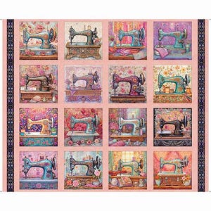 May include: A fabric panel featuring a grid of twelve squares, each showcasing a vintage sewing machine illustration. The machines are in various colors, set against floral and patterned backgrounds, with a pink border.