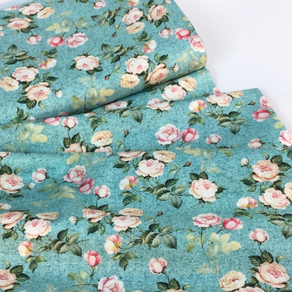 Ramblin' Rose Aqua Fabric ~ Rosalinda Collection from Michael Miller Fabrics, 100% Quilting Cotton Fabric