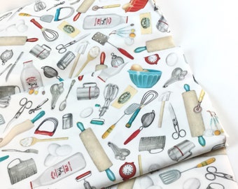Kiss the Cook Kitchen Tools White Background, 100% Quilting Cotton Fabric ~ Kiss the Cook Collection by Mary Lake Thompson, Robert Kaufman