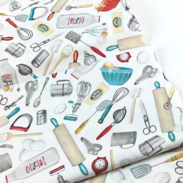 Kiss the Cook Kitchen Tools White Fabric ~ from Kiss the Cook Collection by Mary Lake Thompson for ~ Robert Kaufman, 100% Quilting Cotton