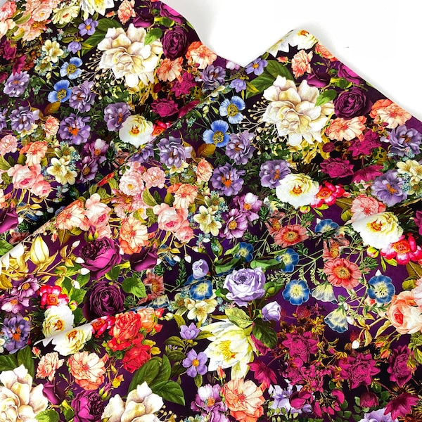 Garden Flowers Aubergine Color Lightweight Quilting Cotton Fabric ~ Secret Garden Collection from Robert Kaufman Fabrics