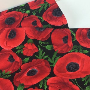 Red Large Poppy Allover Black Fabric ~ Wild Poppy Collection by Chong-a Hwang for Timeless Treasures, 100% Cotton