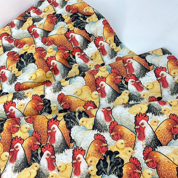 6 dollars /Yard SALE ~ Packed Roosters Multi Color Fabric ~ Country Roosters Collection from David Galchutt, QT Fabrics, 100% Cotton